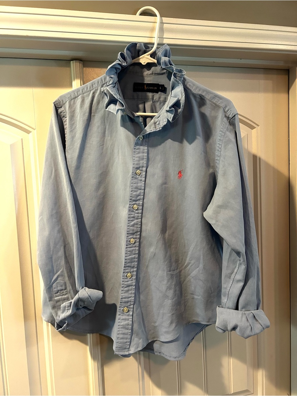 Ralph Lauren Blue Men's Upcycled Button-Down Shirt w/ Pink Pony Ruffled Collar - Picture 2 of 5